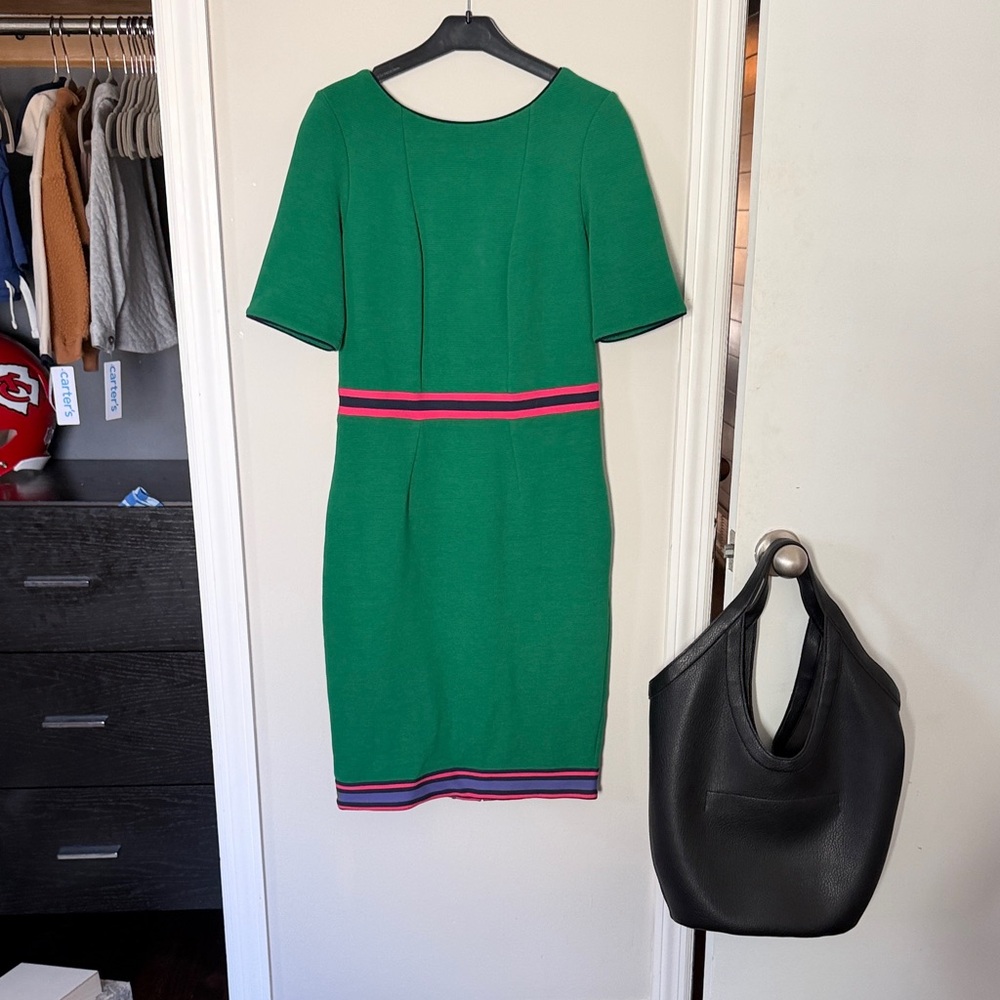 Boden Green Midi Sheath Dress with Pink & Navy Trim